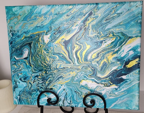Teal & Silver/Gold Abstract Fluid Acrylic Painting, Original 11x14 Canvas