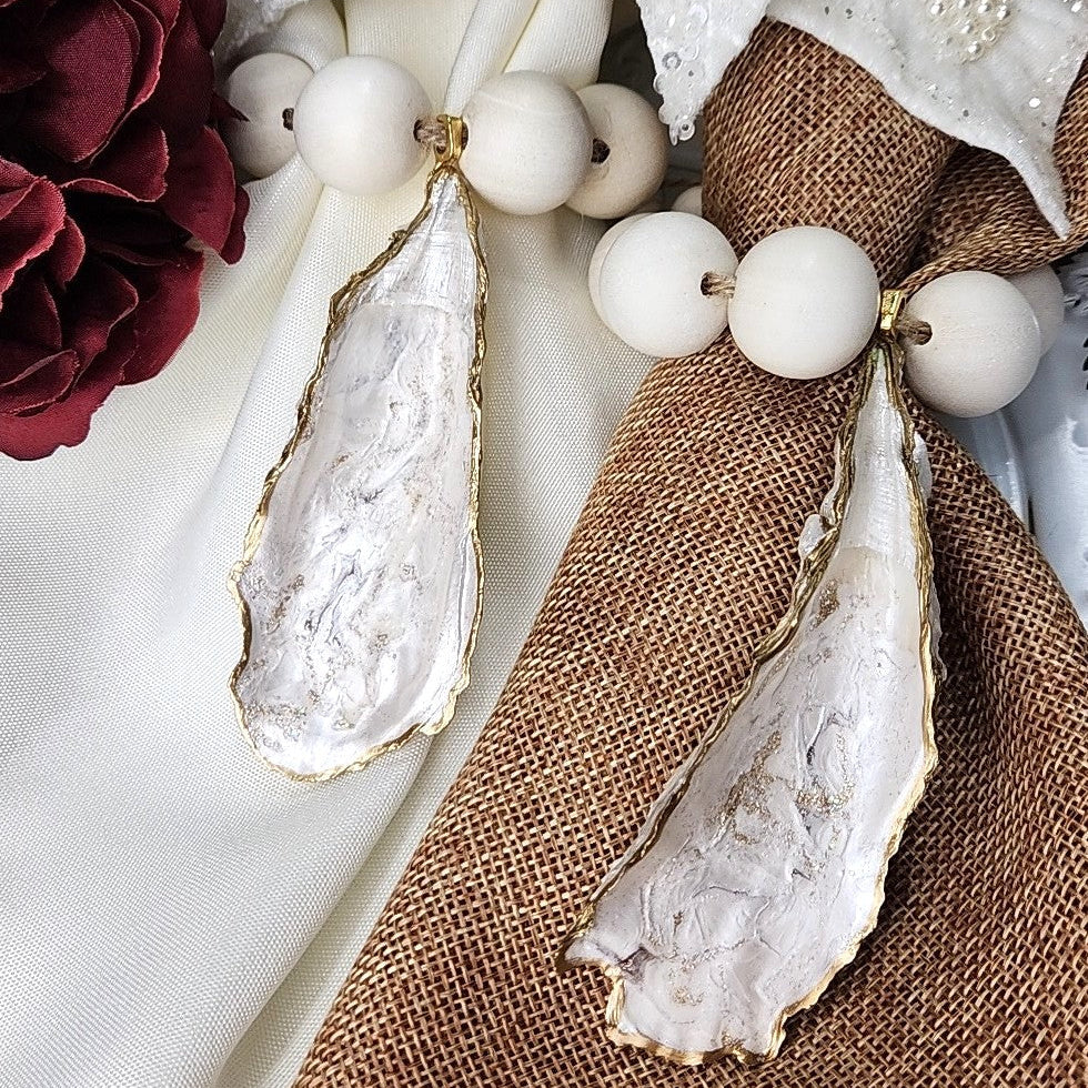 The Natural Earth Edition: Hand-Painted Oyster Shell Napkin Rings - Natural Wood Beads0 (Set of 4 or 6)