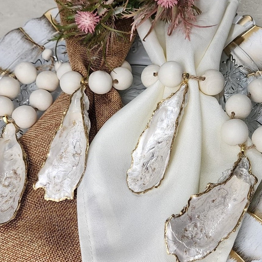 The Natural Earth Edition: Hand-Painted Oyster Shell Napkin Rings - Natural Wood Beads0 (Set of 4 or 6)