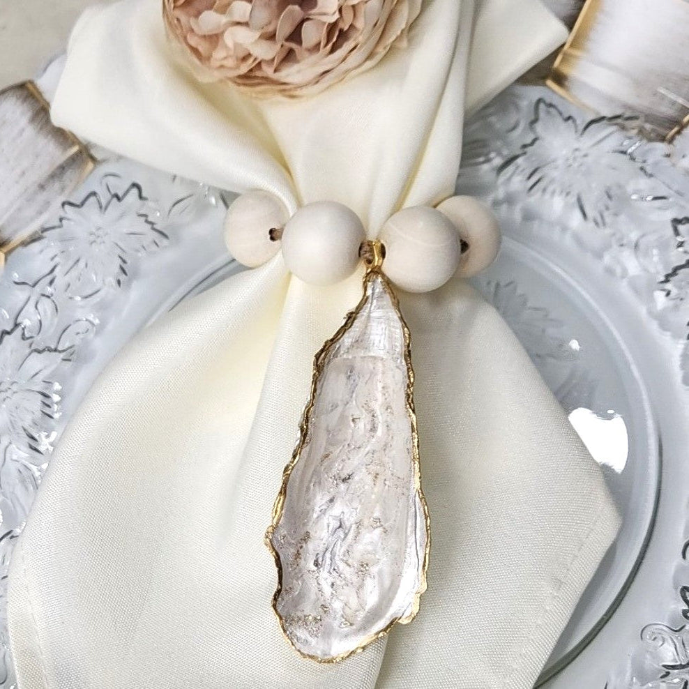 The Natural Earth Edition: Hand-Painted Oyster Shell Napkin Rings - Natural Wood Beads0 (Set of 4 or 6)