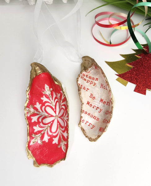 Christmas Ornament Local Oyster Shell Hand Decorated Pack of 2