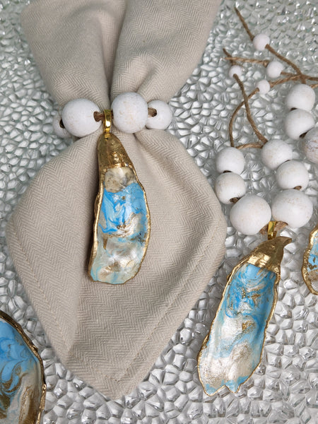 Oyster Shell Napkin Wood Bead Rings - Blue & Gold with White Wash Beads