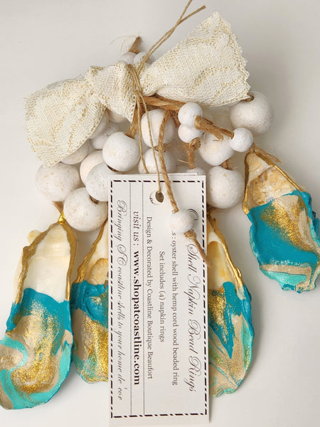 Oyster Shell Napkin Wood Bead Rings - Aqua, Patina, Beige & Gold with White Wash Beads