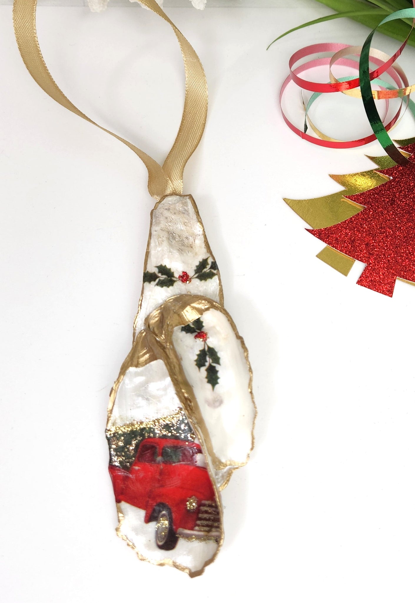Christmas Ornament Local Oyster Shell Hand Decorated