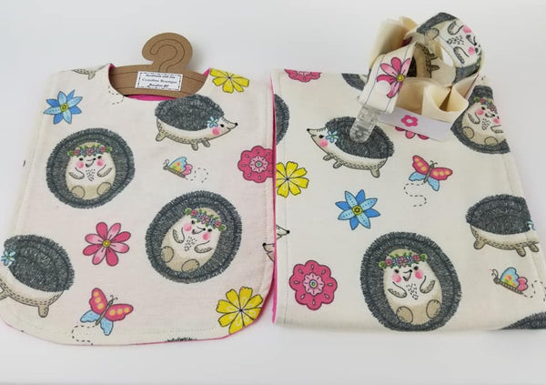 Welcome Home Baby 2pc Set - Custom Order Monogram Bib/Burp Cloth Set Floral Baby Hedgehog