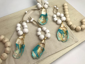 Oyster Shell Napkin Wood Bead Rings - Aqua, Patina, Beige & Gold with White Wash Beads