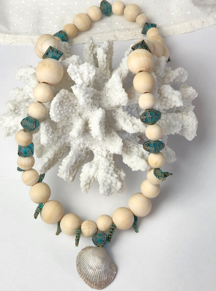 Coastal Wood Beaded Necklace OYSTER Shell Jewelry on Hemp Cord Long Necklace Beach Vibes