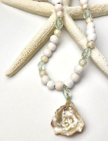 Coastal Wood Beaded Necklace OYSTER Shell Jewelry on Hemp Cord Mid-Length Necklace Beach Vibes