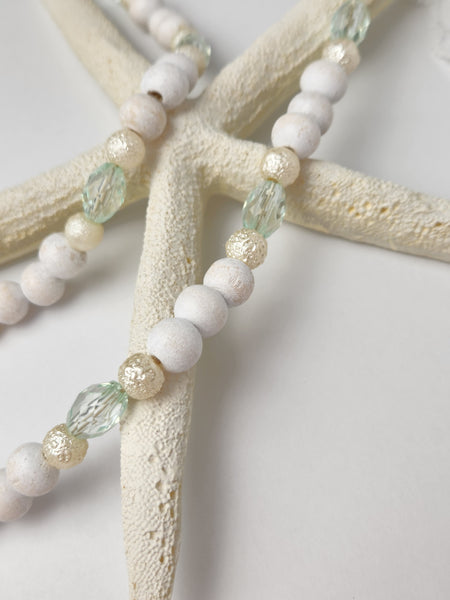 Coastal Wood Beaded Necklace OYSTER Shell Jewelry on Hemp Cord Mid-Length Necklace Beach Vibes
