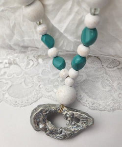 Coastal Wood Beaded Necklace OYSTER Shell Jewelry on Hemp Cord Long Necklace Beach Vibes