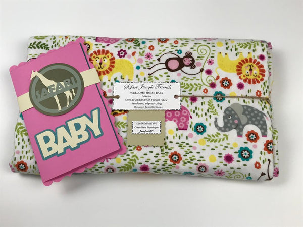 Welcome Home Baby Large Reversible Blanket with Monogram Bonus Coordinating Gift Card Safari Theme Made to Order Keepsake