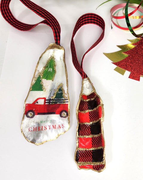 Christmas Ornament Local Oyster Shell Hand Decorated Pack of 2