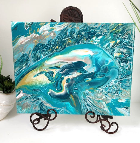 Whales, Dolphins In The Deep Abstract Fluid Acrylic Painting, Original 11x14 Canvas