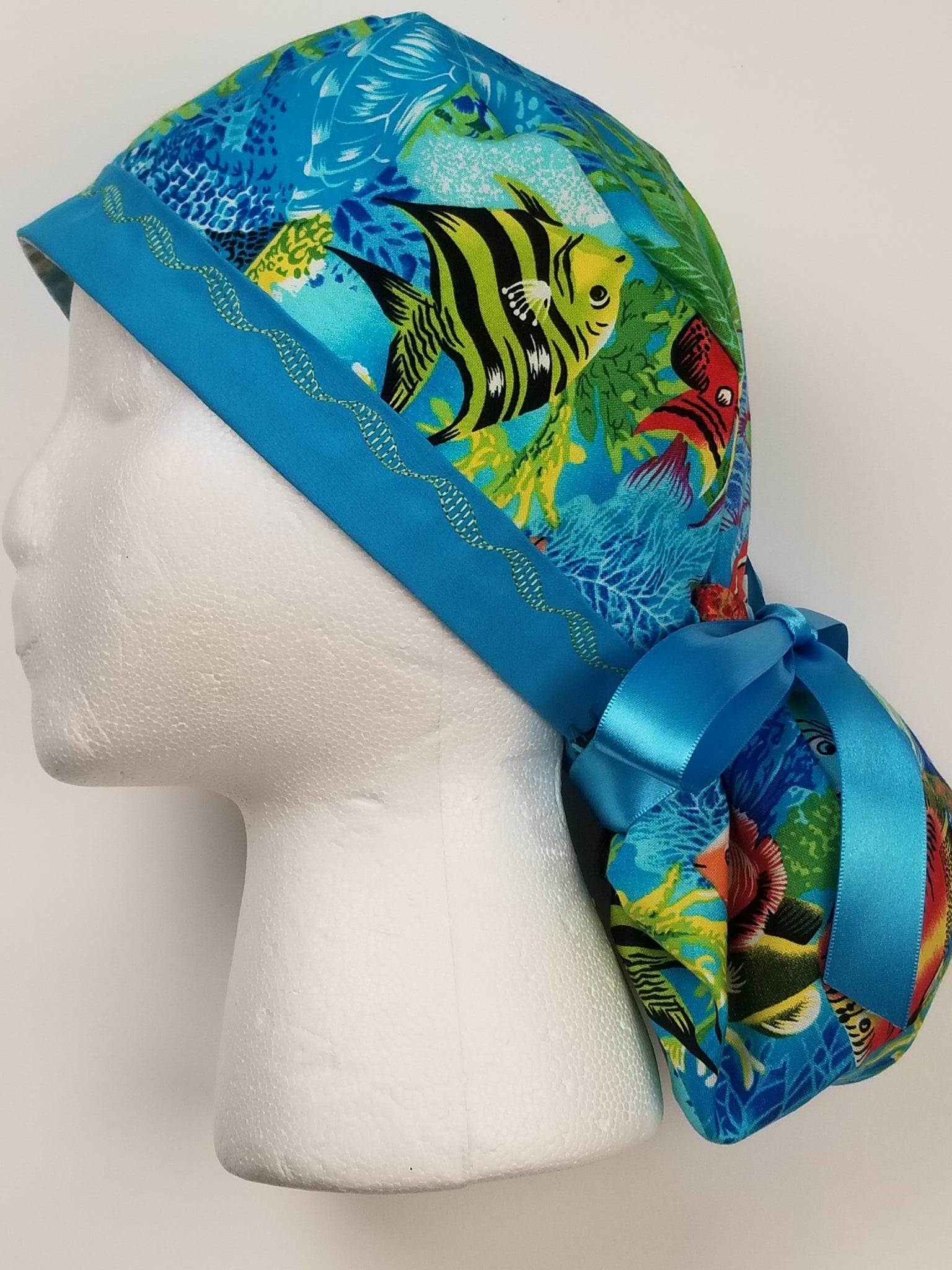 Surgical Ponytail Cap / HEADBAND with DESIGNER STITCHING 5 Fabric Choices
