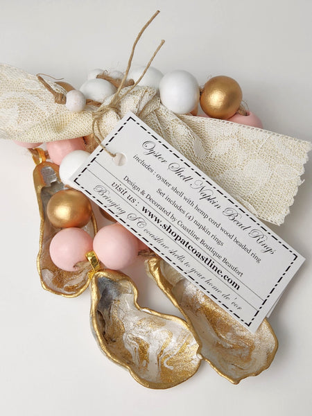 Oyster Shell Napkin Wood Bead Rings - Pearl, Champagne & Gold with White, Pink, Gold Beads