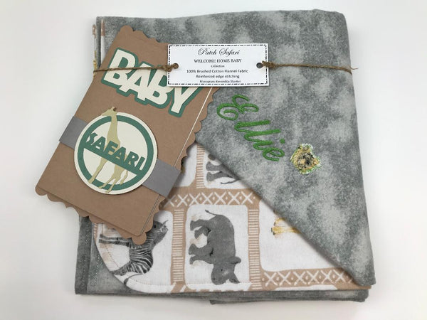 Welcome Home Baby Large Reversible Blanket with Monogram Bonus Coordinating Gift Card Safari Theme Made to Order Keepsake
