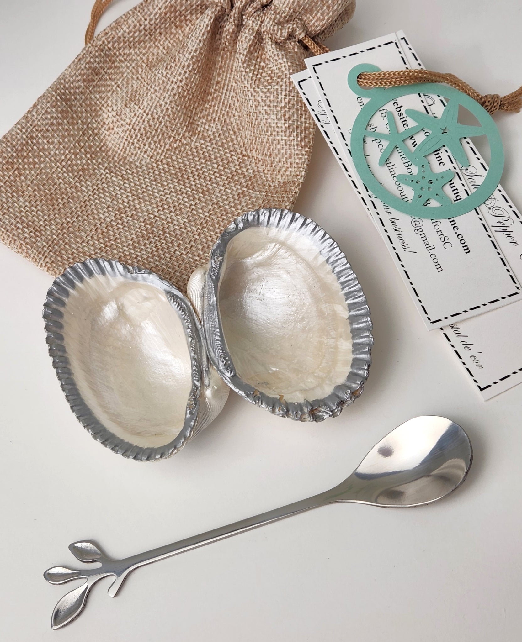 Oyster Shell Salt & Pepper Cellars - Pearl with Silver Trim